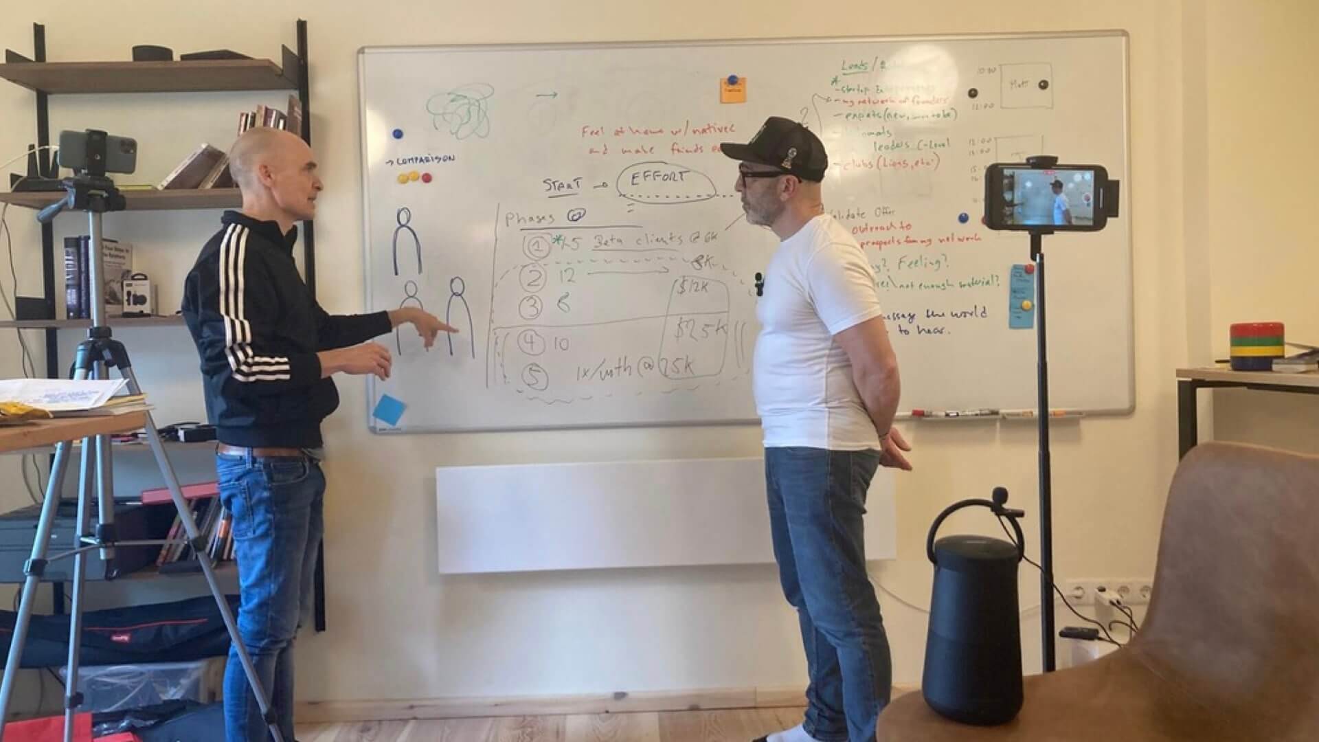 Matteo Cassese and a coaching client at a whiteboard in an office