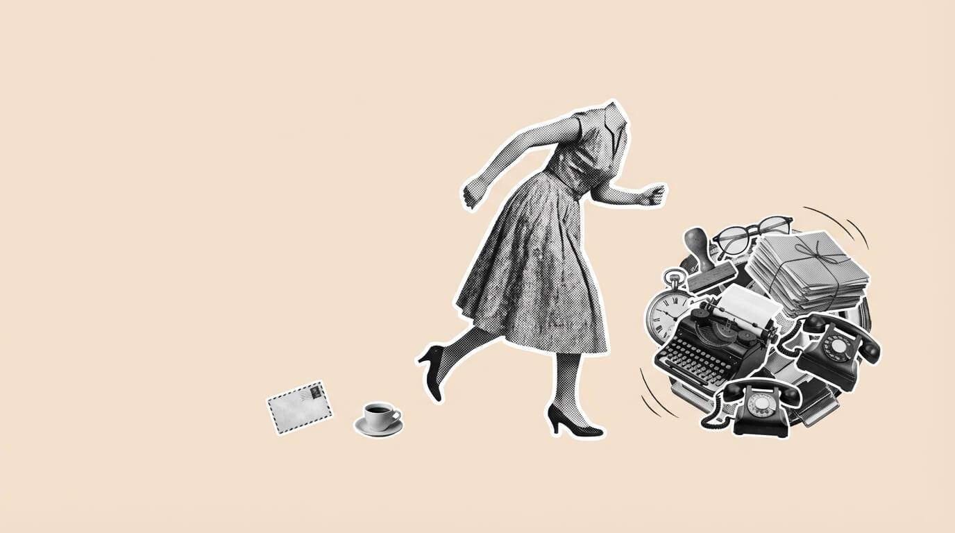 The Katamari Principle or the Problem with Problem-Solving 1 Headless woman running toward pile of vintage objects including typewriter, books, and phone.