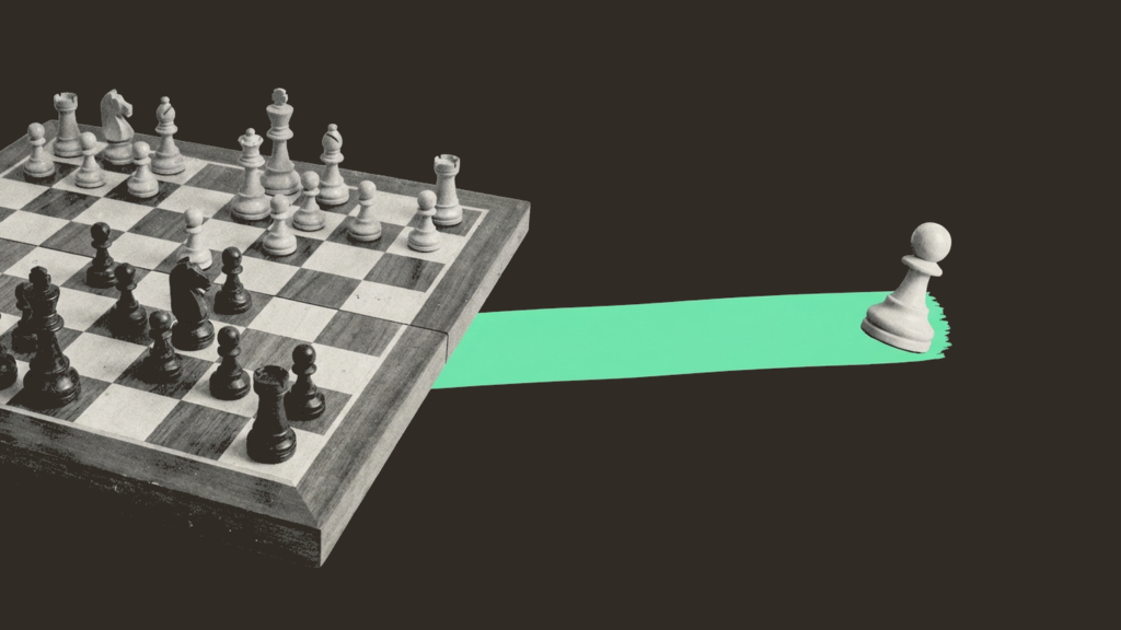 A chess pawn walking off the board into open space