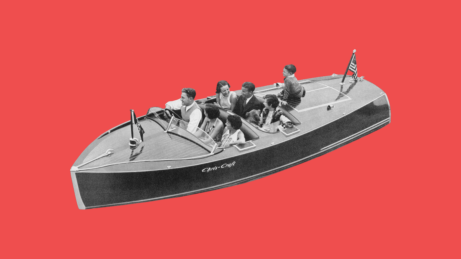 Vintage black and white cutout of a group of people riding together in a classic motorboat, on a red background