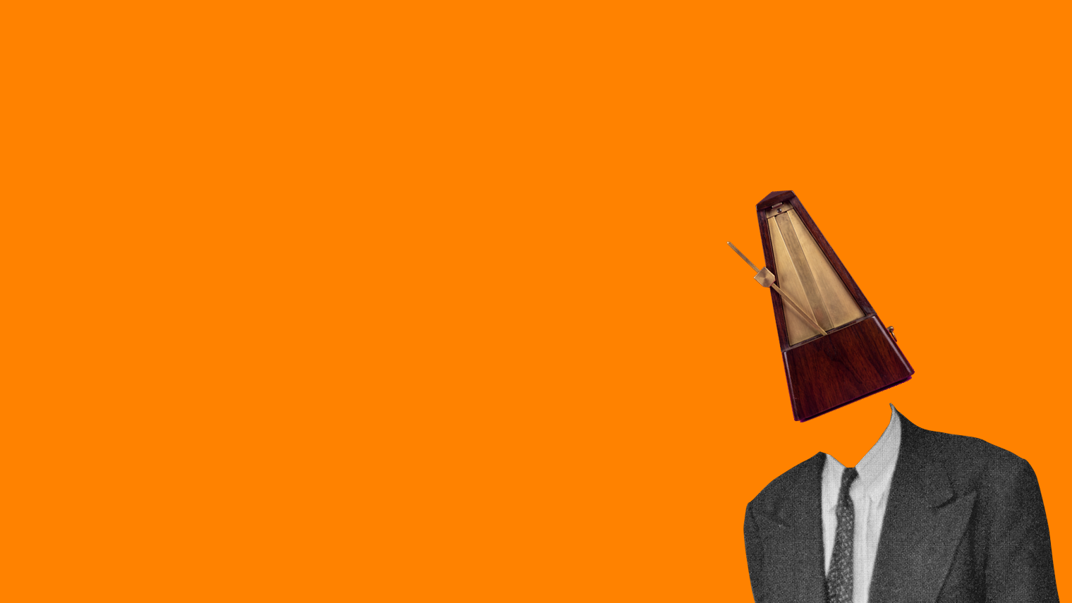 A suited figure with a metronome in place of a head, on an orange background.