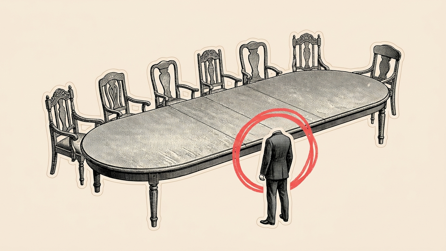 An engraved oval board table with seven empty chairs and a figure in a suit seen from behind at the near edge, inside a hand-drawn red circle