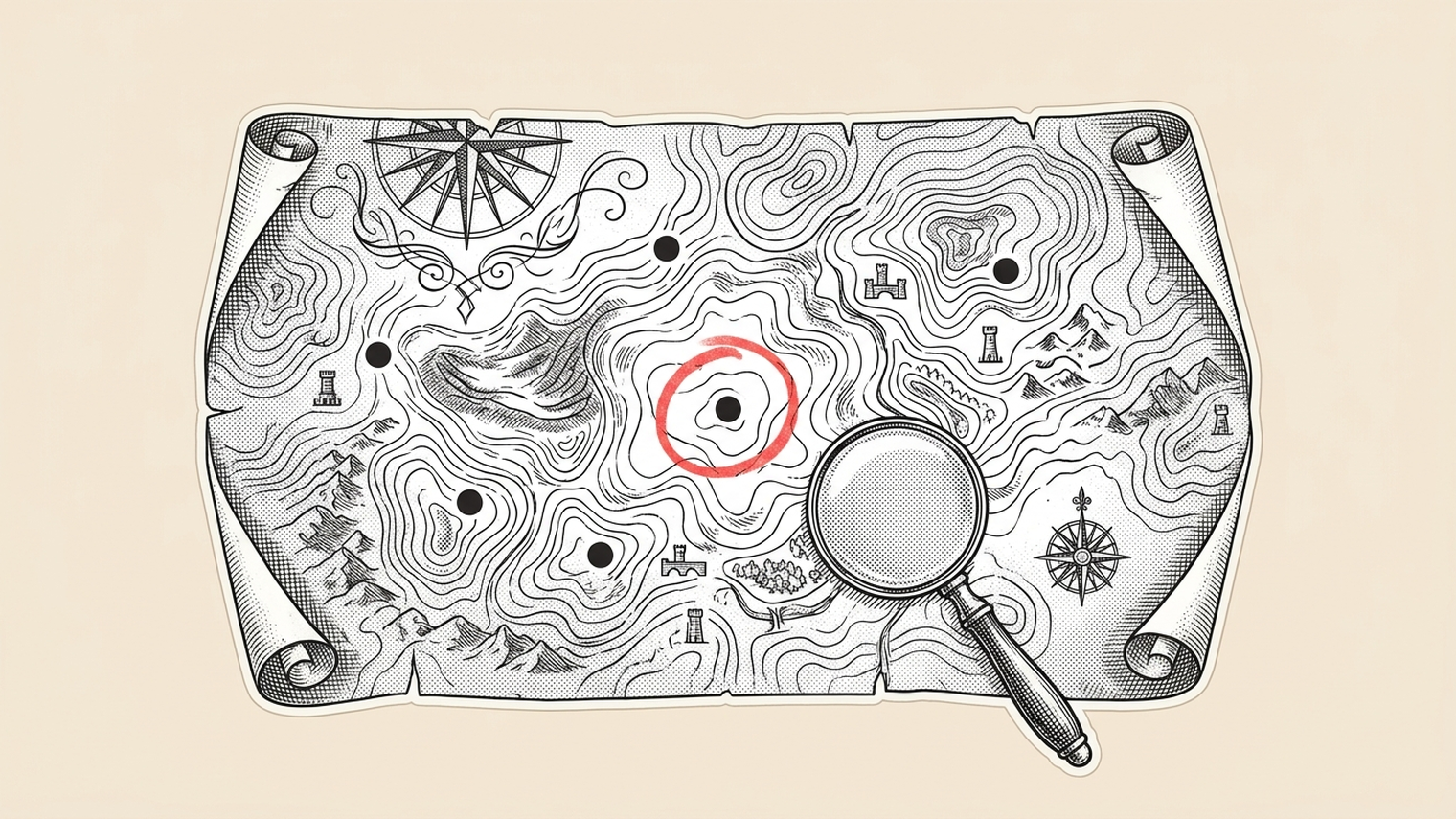 An engraved rolled map of contour lines and small landmarks with one point circled in red and a magnifying glass resting across it
