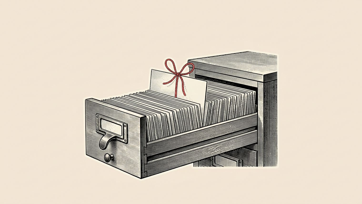 An engraved wooden card catalog drawer pulled open and filled with index cards, one card raised above the rest and tied with a red ribbon