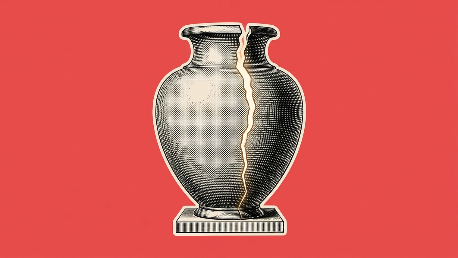An engraved ceramic vase split by a single crack from rim to base, one half light and one half dark, on a flat red background