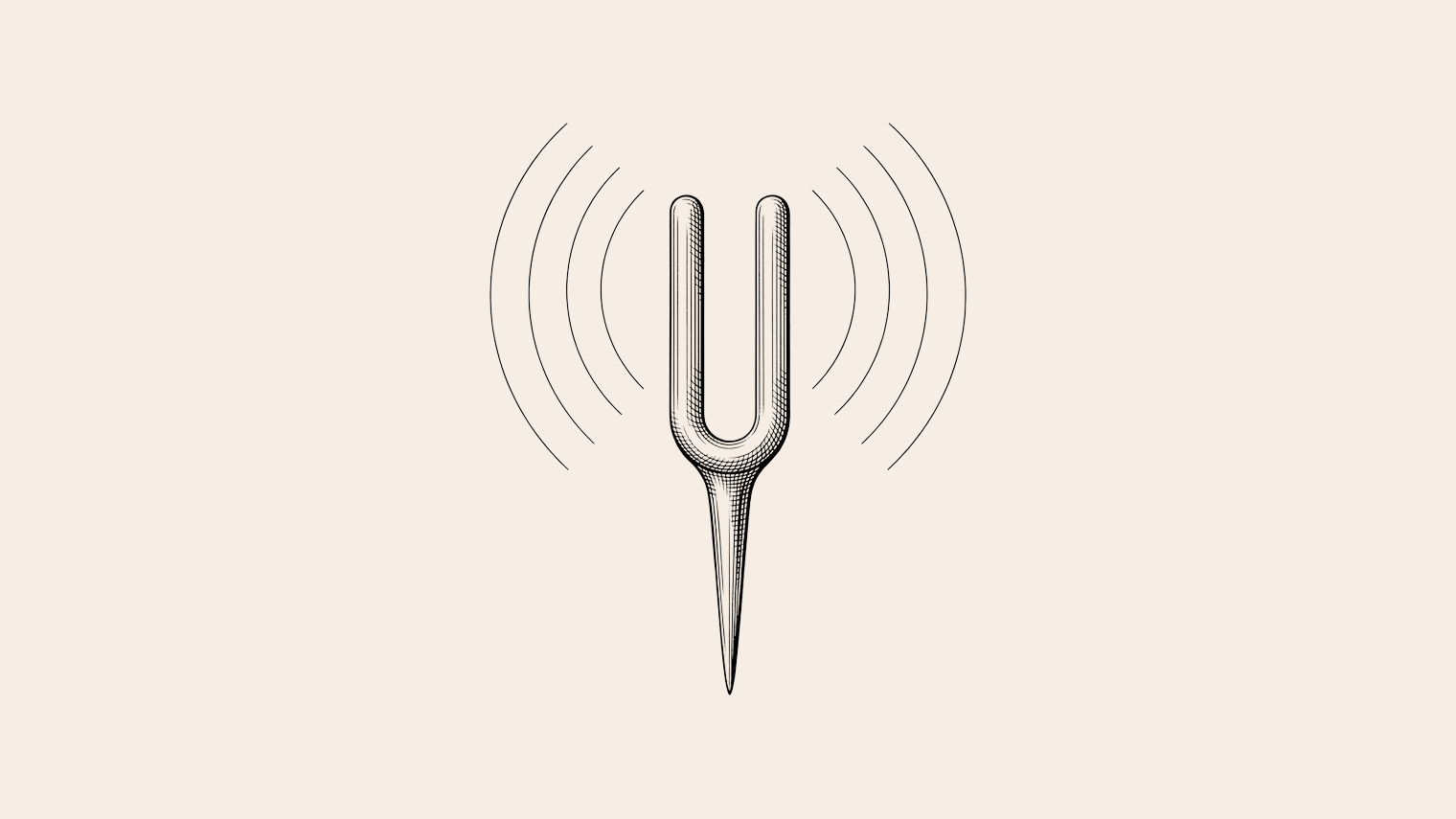 Engraved illustration of a tuning fork ringing with sound waves, on a sand background
