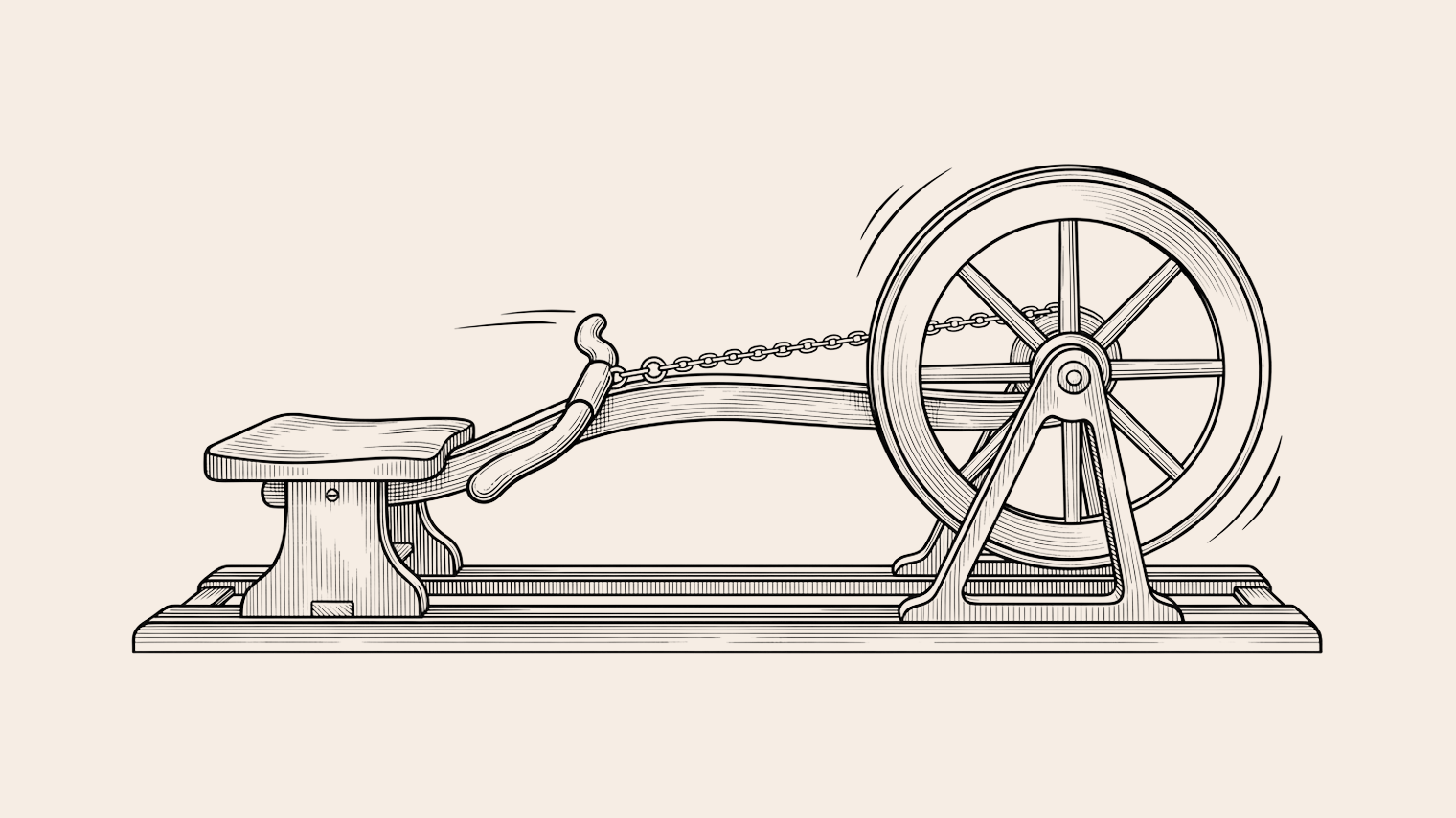 Engraved illustration of a rowing machine with an empty seat and the flywheel still spinning, on a sand background