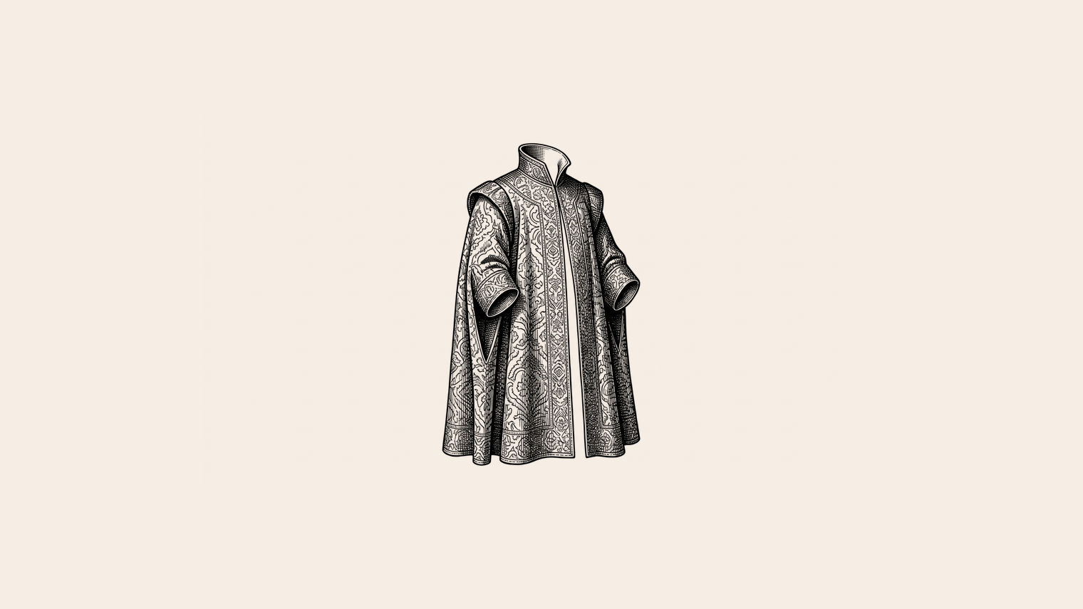 An ornate embroidered robe standing upright as if worn, but empty, with no head, hands, or body inside it