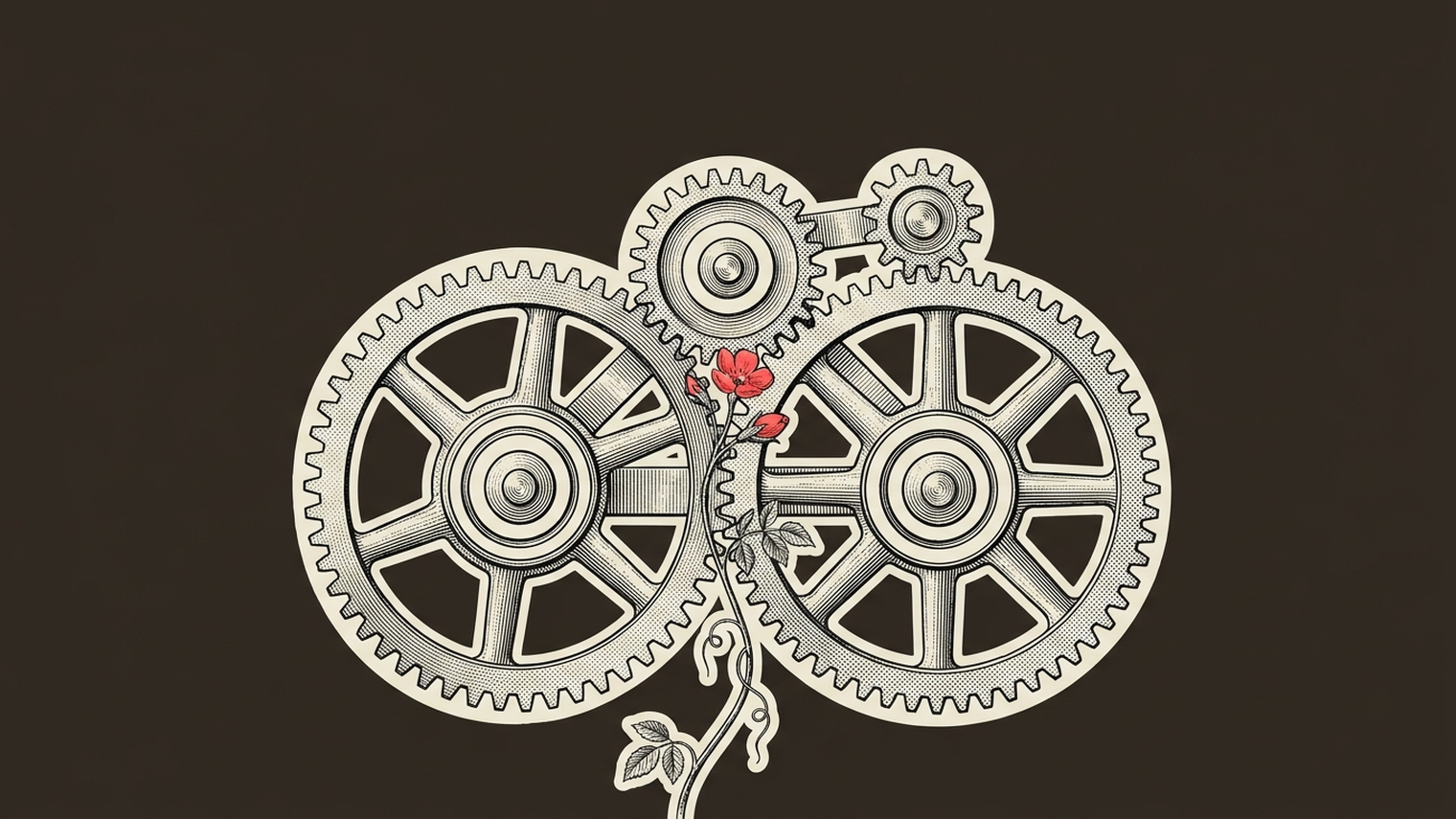 Vintage engraved gear wheels with a red flowering vine growing up between them