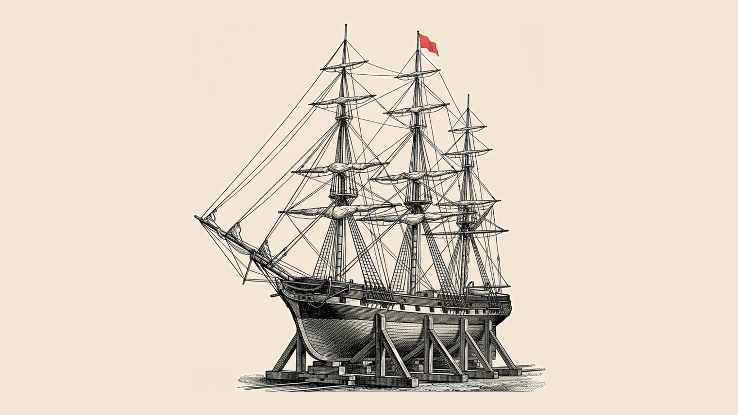 Vintage engraved three-masted sailing ship with a red flag resting on wooden dry dock supports