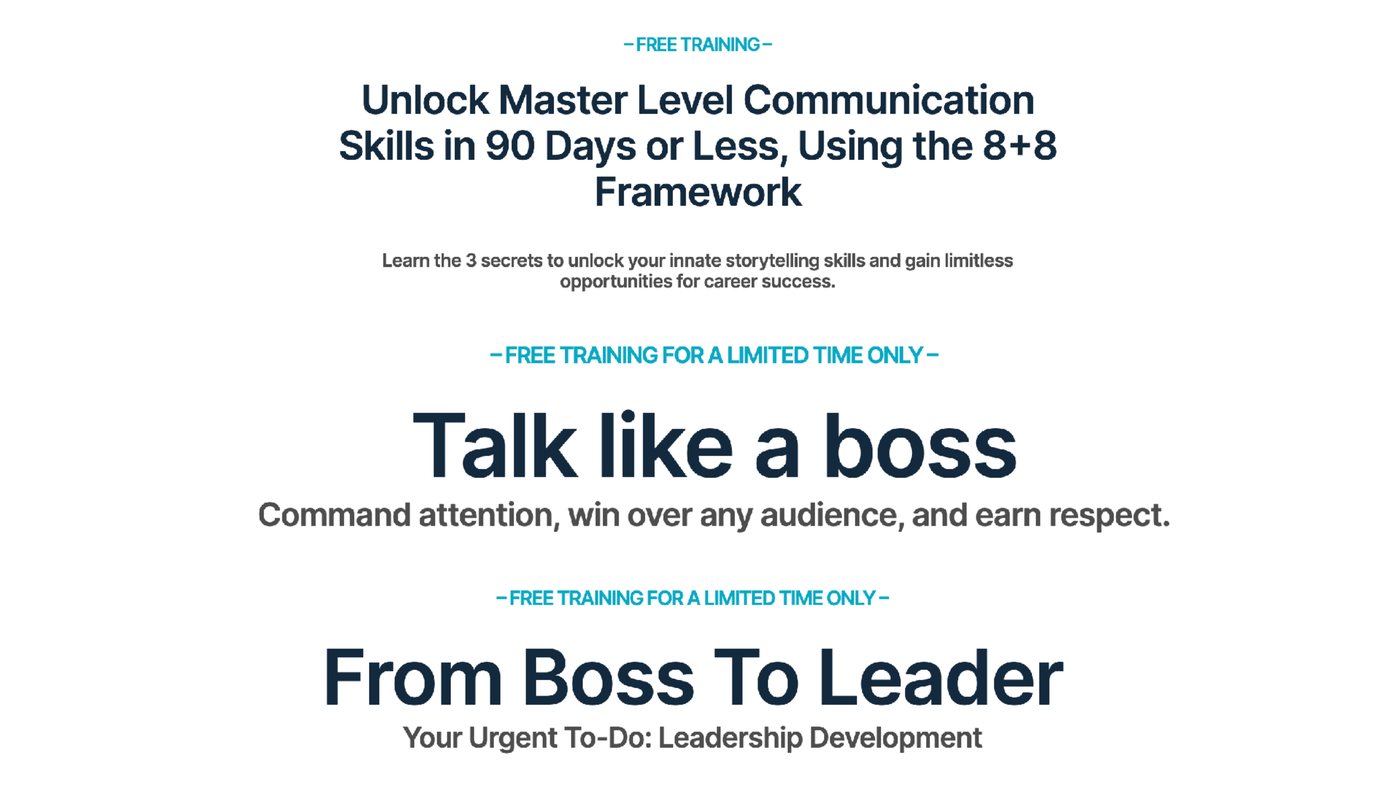 The actual funnel headline slide: Unlock Master Level Communication Skills in 90 Days or Less, then in large type Talk like a boss, then From Boss To Leader.