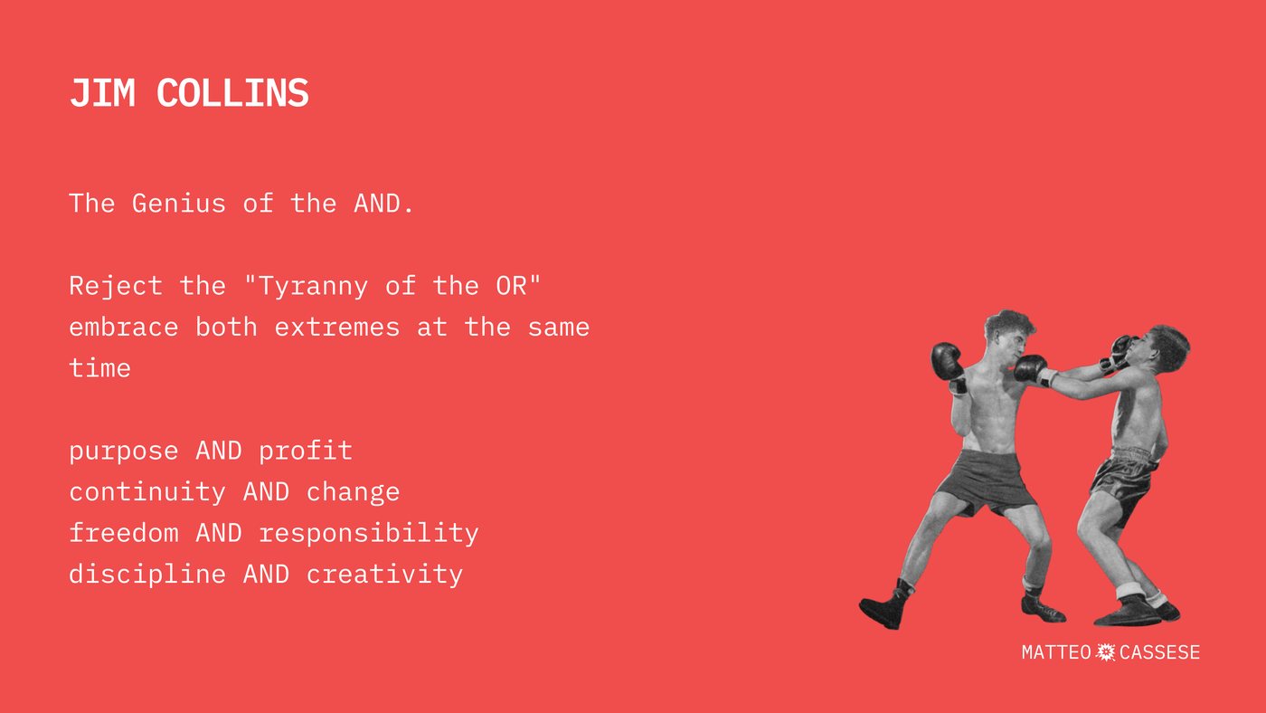 Slide headed JIM COLLINS. The Genius of the AND. Reject the tyranny of the OR, embrace both extremes at the same time. Purpose AND profit, continuity AND change, freedom AND responsibility, discipline AND creativity. Two boxers face each other.