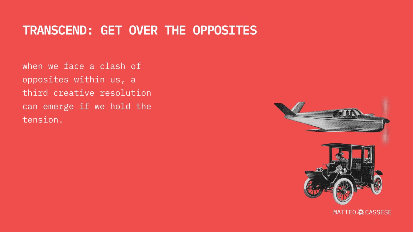 Slide headed TRANSCEND: GET OVER THE OPPOSITES. When we face a clash of opposites within us, a third creative resolution can emerge if we hold the tension. An early aeroplane flies over a vintage car.