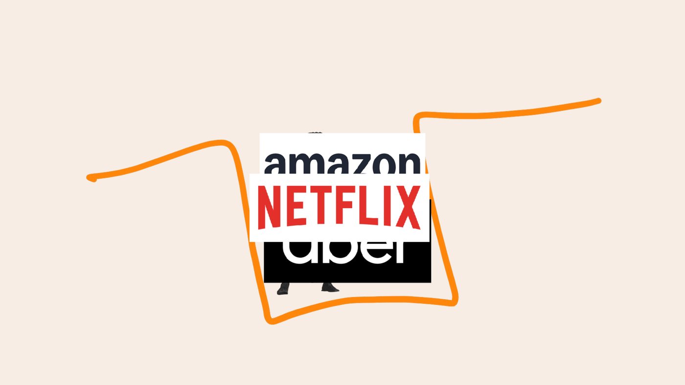 Slide showing the drop of the gap filled in by a stack of app logos, Amazon over Netflix over Uber, so the line runs flat across the top.