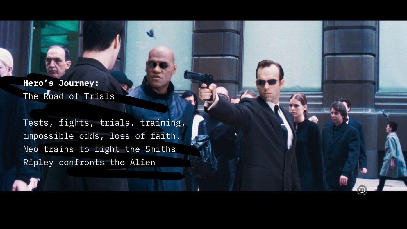 Slide headed Hero's Journey: The Road of Trials, over a still of Neo training against the agents. Tests, fights, trials, training, impossible odds, loss of faith.