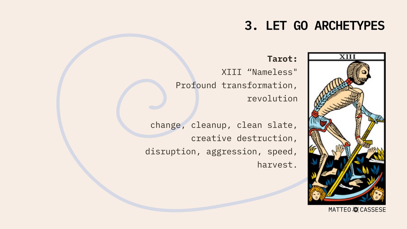 Slide headed 3. LET GO ARCHETYPES. Tarot: XIII Nameless. Profound transformation, revolution, change, cleanup, clean slate, creative destruction, disruption, aggression, speed, harvest.