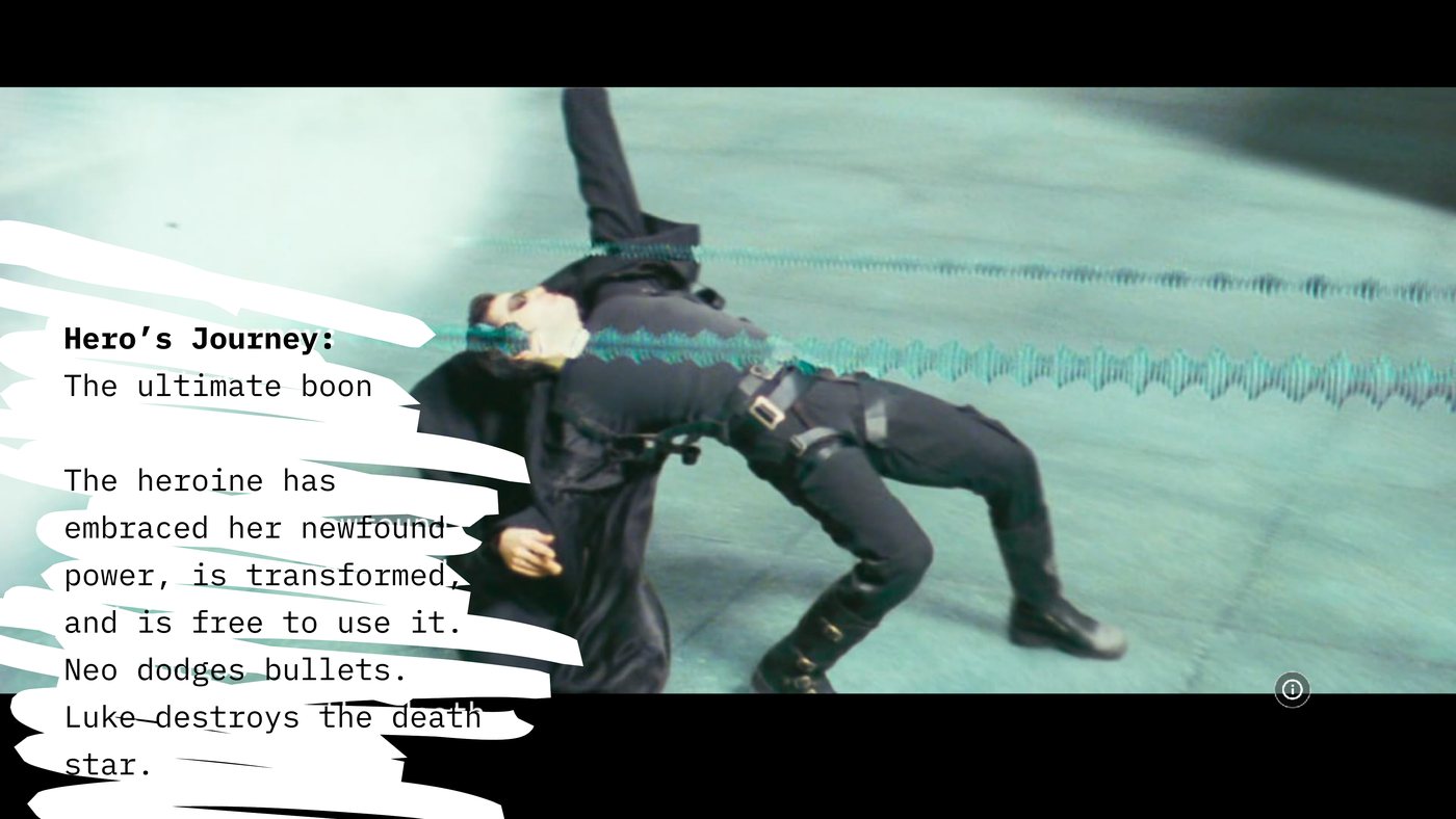 Slide headed Hero's Journey: The Ultimate Boon, over a still of Neo bending backwards to dodge the bullets. The heroine has embraced her new-found power, is transformed and is free to use it.