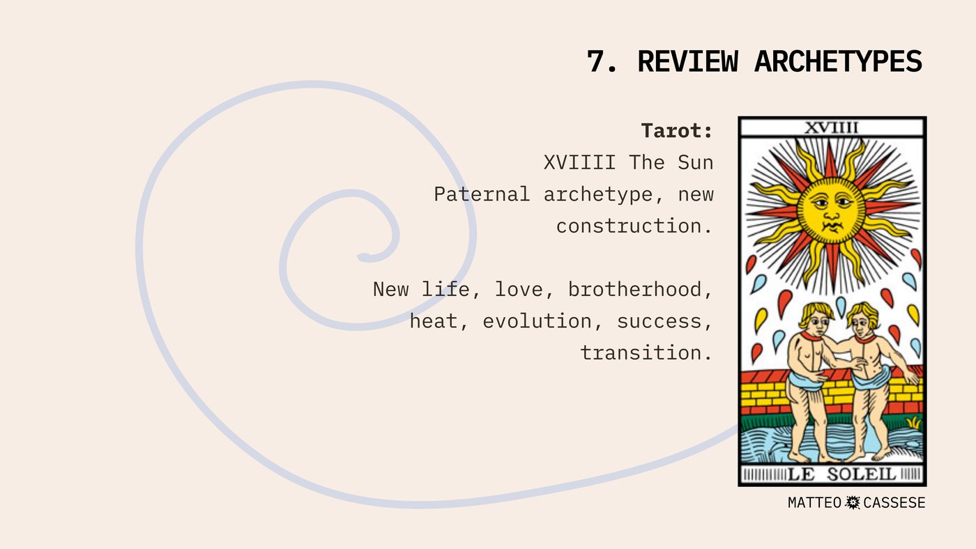 Slide headed 7. REVIEW ARCHETYPES. Tarot: XVIIII The Sun, paternal archetype, new construction. New life, love, brotherhood, heat, evolution, success, transition.