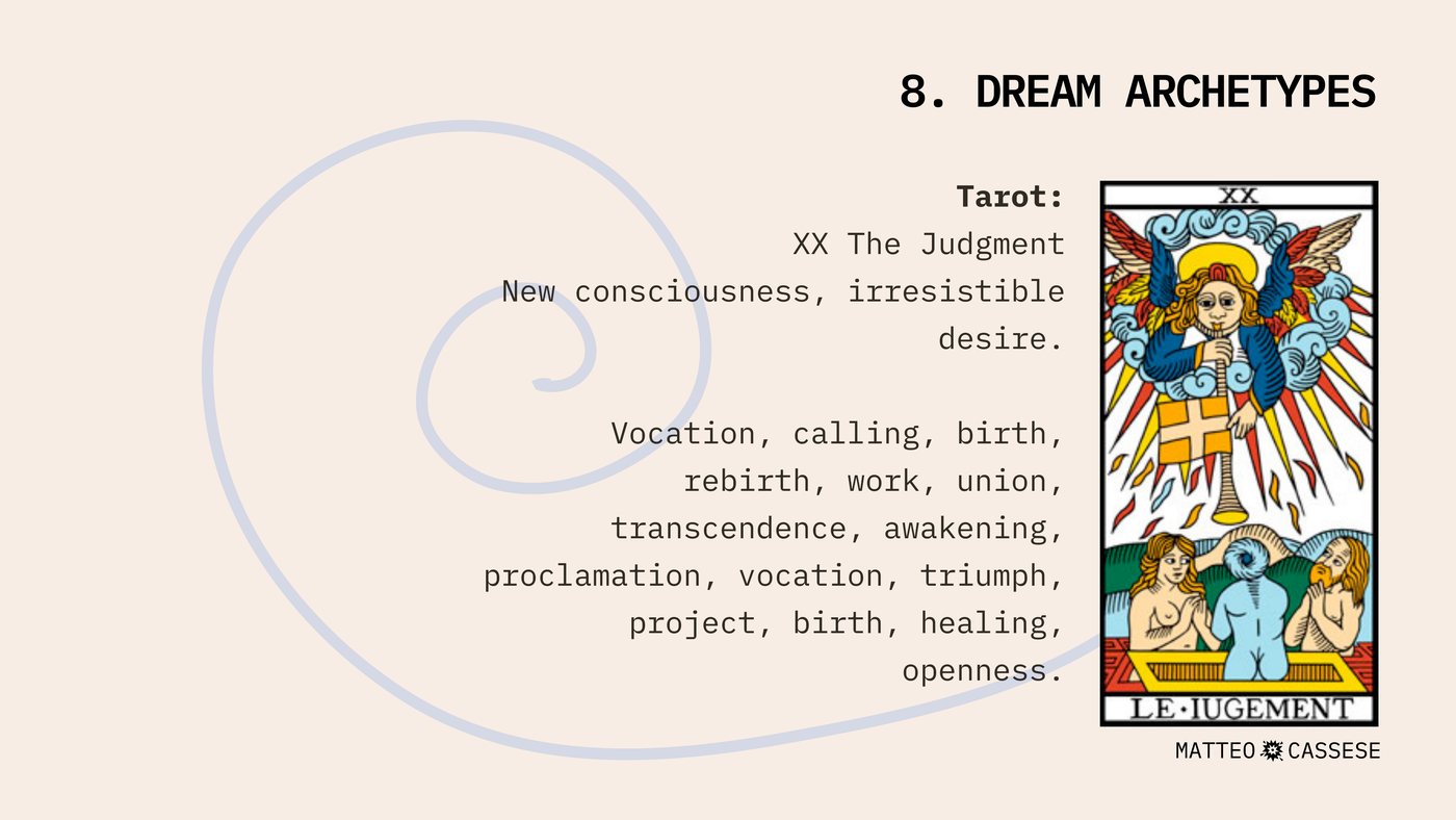 Slide headed 8. DREAM ARCHETYPES. Tarot: XX The Judgment, new consciousness, irresistible desire. Vocation, calling, birth, rebirth, work, union, transcendence, awakening.