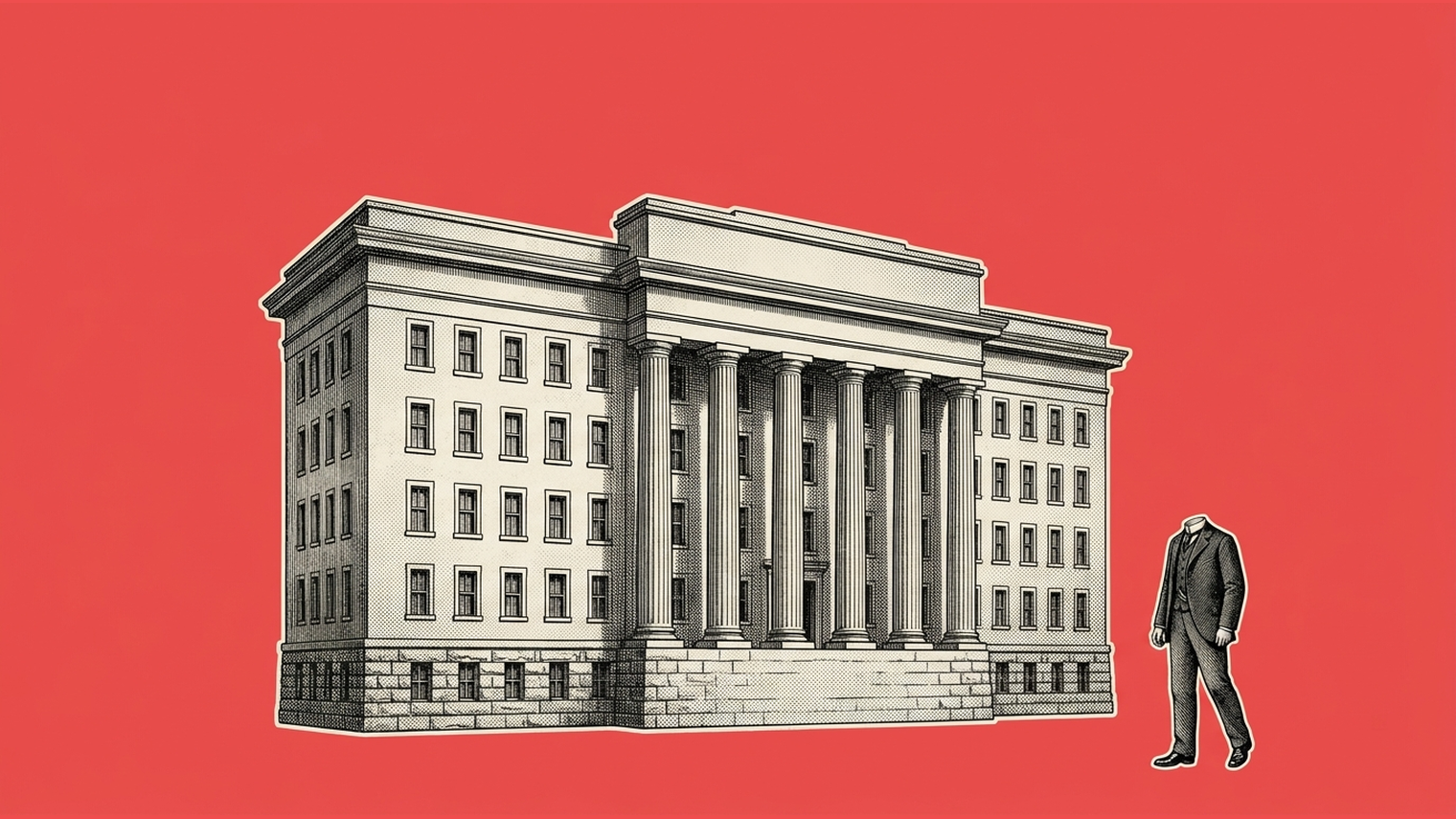 A vintage engraving of a large neoclassical building with a tall colonnade, dwarfing a small headless figure in a dark suit at the lower right, illustrating how a company story outgrows the founder