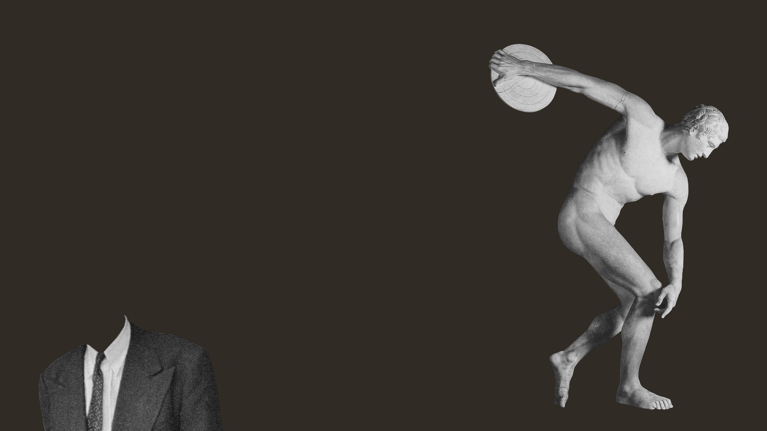 A suited figure with arms crossed and no head, on a dark background.