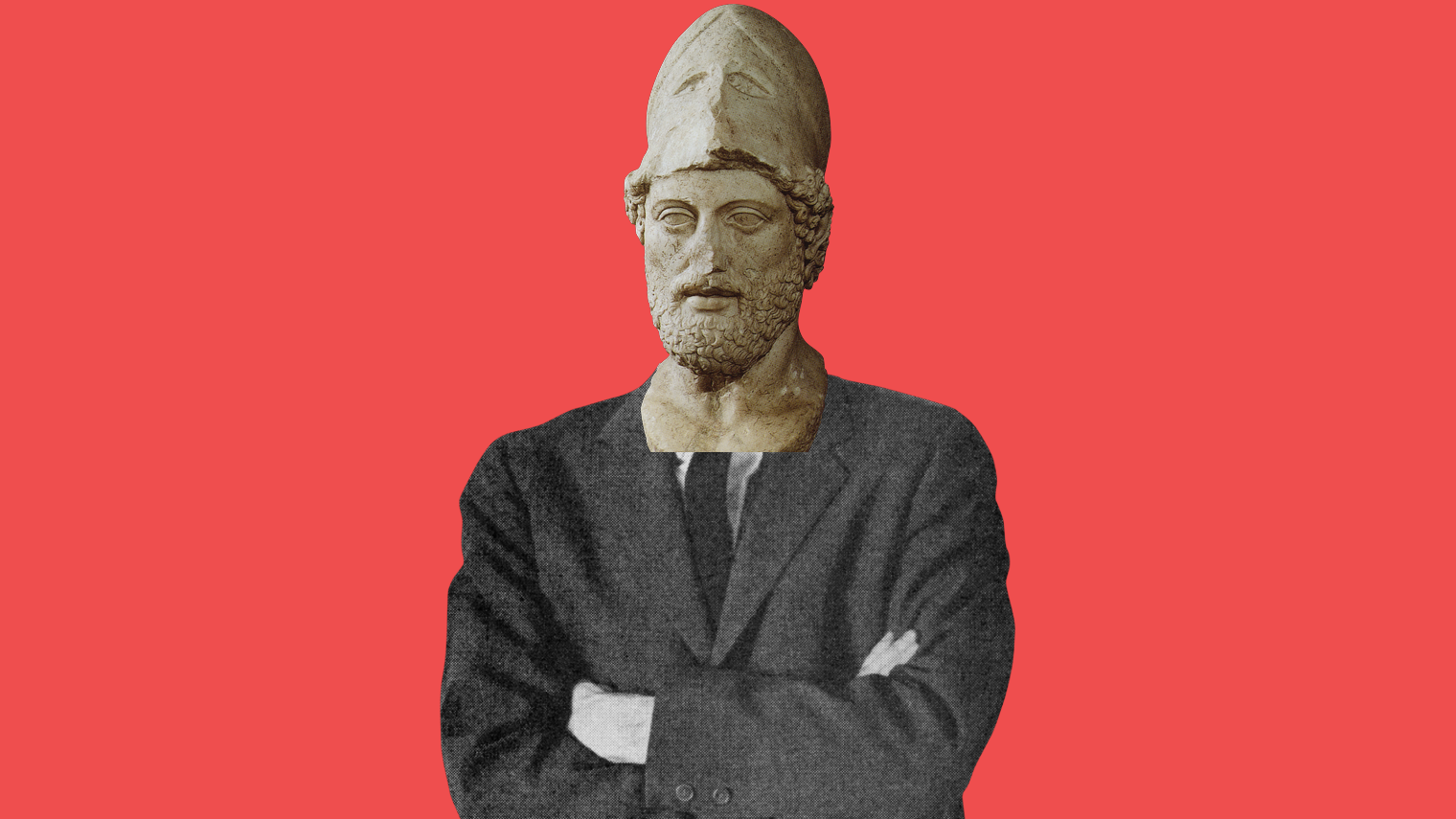 A classical stone bust in place of a head on a suited figure, on a red background.