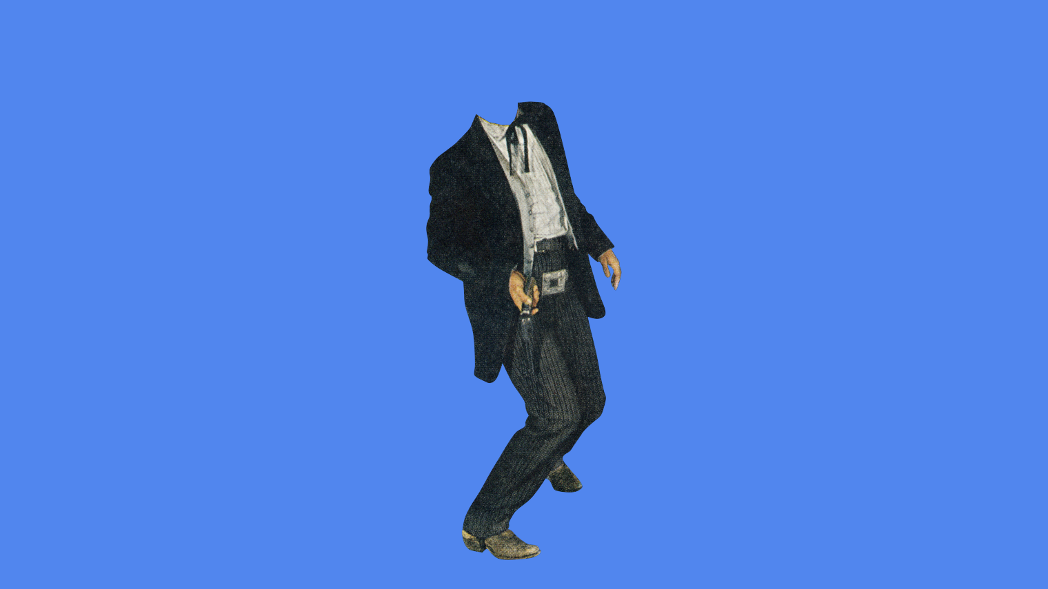 A figure in an oversized pinstriped suit and bow tie walking mid stride, illustrating the identity a corporate story offers its customers