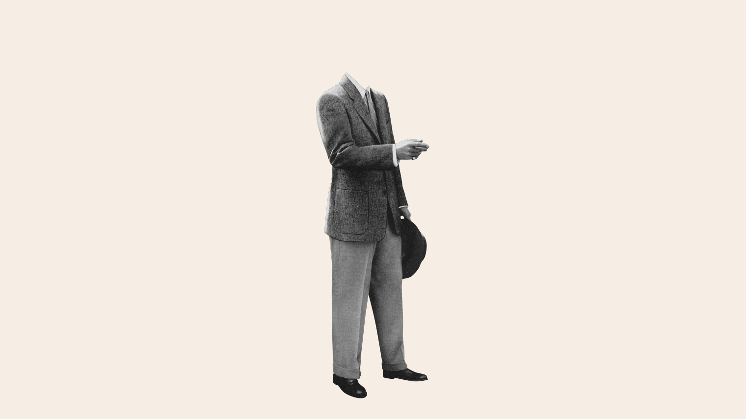 A figure in a tweed jacket gesturing outward with one hand and holding a hat in the other, illustrating the storyteller as guide while the audience is the protagonist