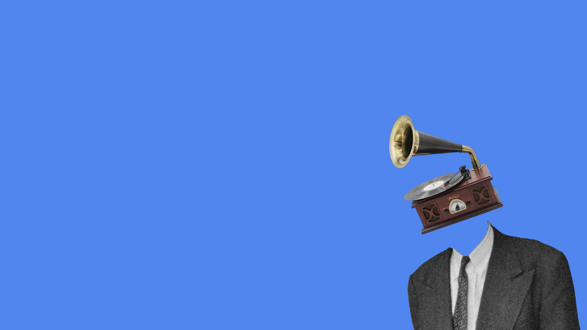 A suited figure with a gramophone in place of a head, on a blue background.