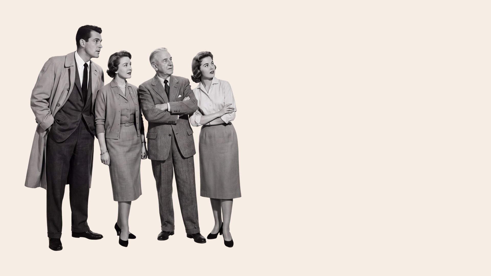 Two men and two women in vintage clothing standing together, looking to one side.