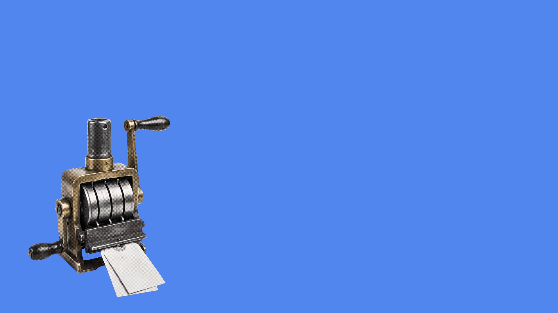 A worn brass hand-crank numbering machine ejecting a fan of blank tickets on a sky blue ground