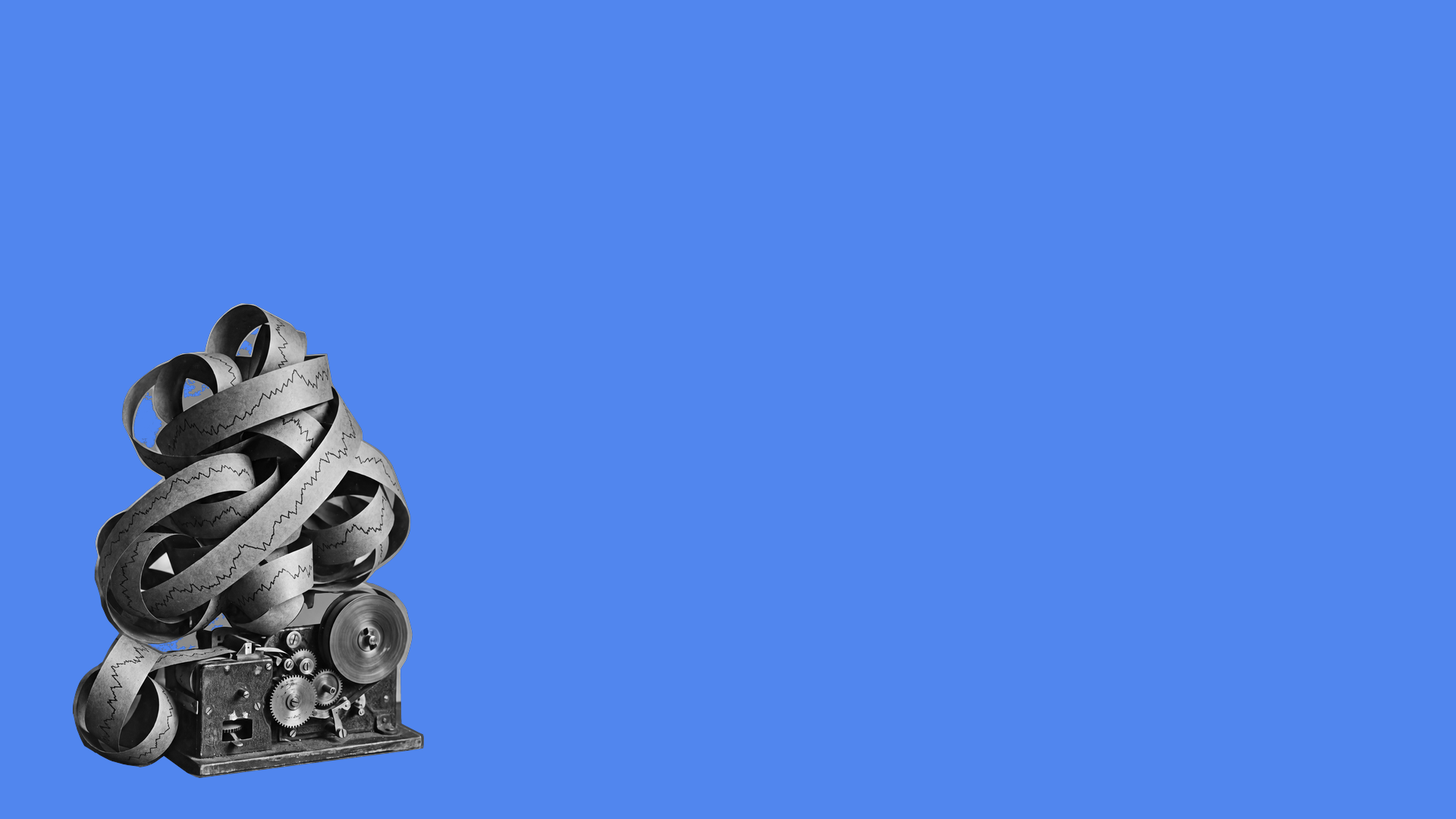 A machine spilling a large chaotic heap of ticker tape, on a blue background.