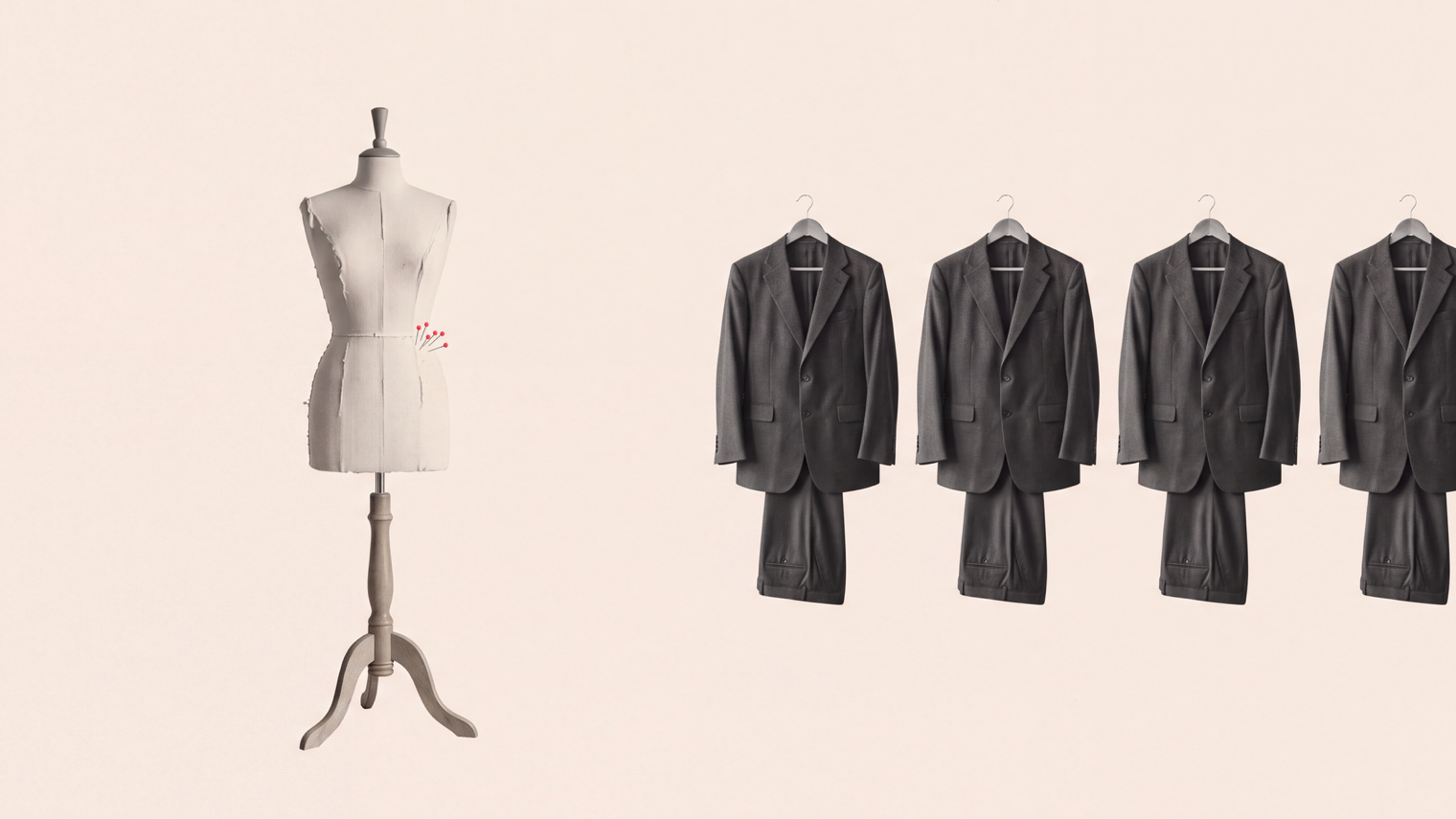 An empty dress form beside four identical dark suits on hangers