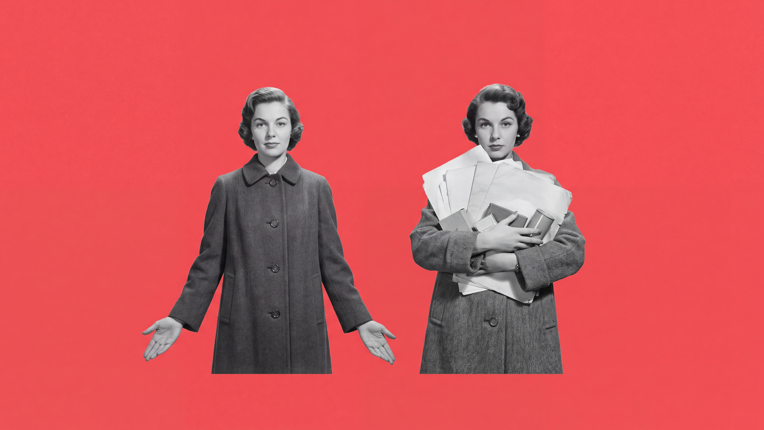 Two women in coats, one with empty open hands, the other holding an armful of papers and boxes